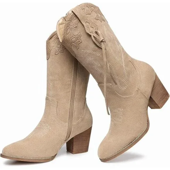 NEW Women's Western Suede Cowboy Boots - High Heel Mid Calf Zipper Booties - Picture 7 of 7